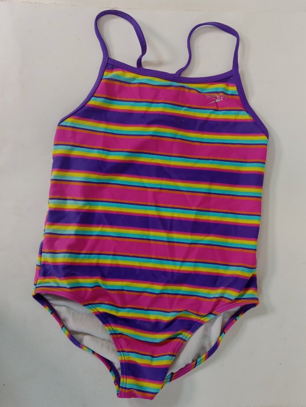Speedo Swimsuit Girls Multicoloured One Piece Stripe Pink Purple Stretch Sz 10